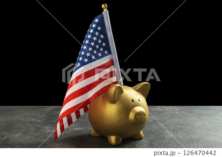 Piggybank with the USA or the United States of America flag on a black background. Concept of economy, financial or government 126470442
