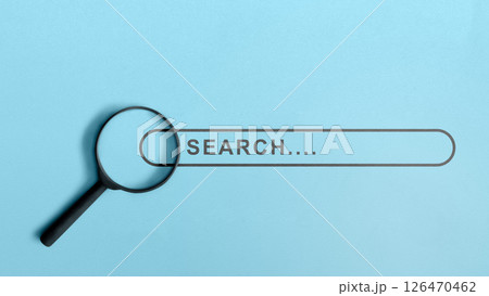 Magnifying glass with search engine bar icon on blue background. Concept of technology and web network 126470462