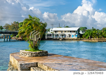 Coastal view from Long Island Park in Koror, Palau, showing a small group of palm trees on a stone platform by the water with buildings and a bridge across the channel in the background under a partly 126470469