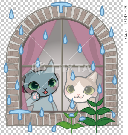 兩隻貓咪角色透過窗戶觀看雨滴 兩隻貓咪角色透過窗戶觀看雨滴 126470470