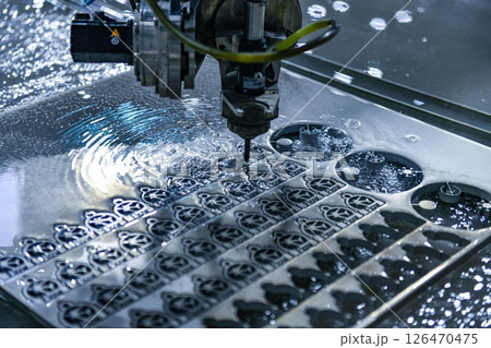 Industrial CNC water jet cutting machine cutting steel plate,cutting machine modern industrial technology. Industrial CNC water jet cutting machine cutting steel plate,cutting machine modern industrial technology. 126470475