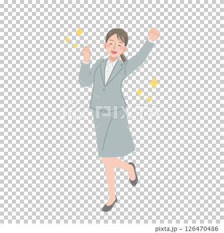 一位女商人揮舞著拳頭跳躍的插圖 126470486