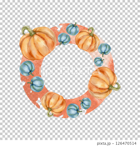 Autumn season watercolor wreath with orange and blue pumpkins illustration. Hand drawn round frame template with harvest and thanksgiving elements for card, poster, scrapbooking design 126470514
