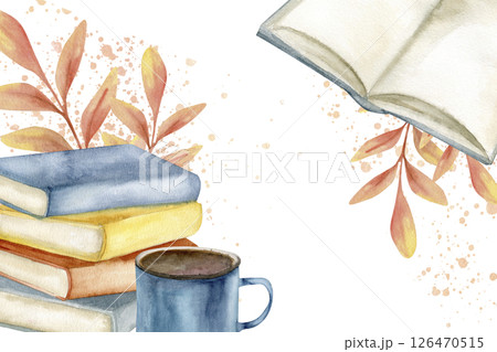 Autumn festive watercolor frame with colorful books stack, metal cup and floral decor illustration. Hand drawn fall season banner template with cozy home elements for card, invitation, poster design 126470515