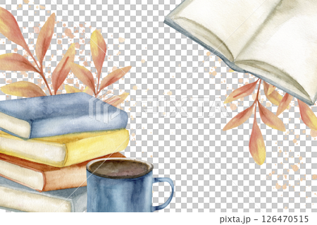 Autumn festive watercolor frame with colorful books stack, metal cup and floral decor illustration. Hand drawn fall season banner template with cozy home elements for card, invitation, poster design 126470515