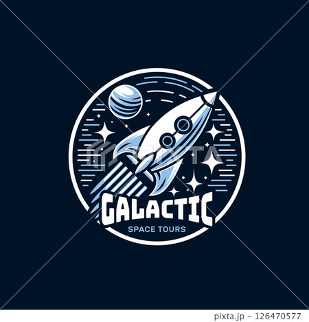 Retro space rocket logo with stars and planet for futuristic brand or space-themed project Retro space rocket logo with stars and planet for futuristic brand or space-themed project 126470577