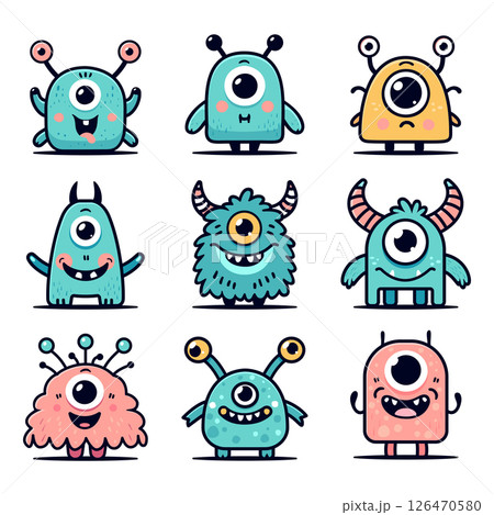 Colorful set of cartoon monsters with cute character, designs for print, book illustrations, festive decorations. Outline flat illustration for birthday party themes, posters, room decor. 126470580