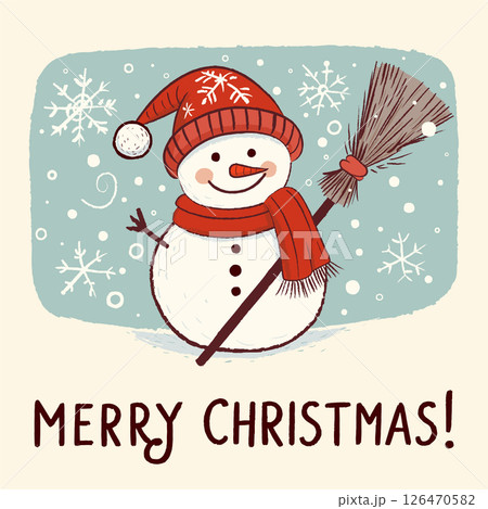 Cute snowman Christmas greeting illustration with Merry Christmas typography Cute snowman Christmas greeting illustration with Merry Christmas typography 126470582