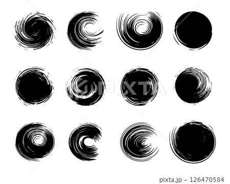 Set of dry brush strokes on a white isolated background, round shaped black paint strokes for badges, backgrounds and labels in graphic design 126470584