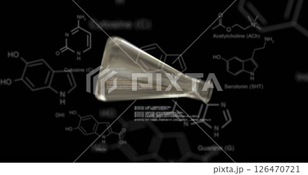 Image of data processing and vial over chemical formula on black background 126470721