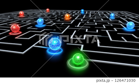 Futuristic maze with glowing spheres navigating paths. Futuristic maze with glowing spheres navigating paths. 126471030