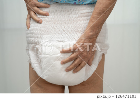 Asian senior woman patient wearing incontinence diaper. 126471103