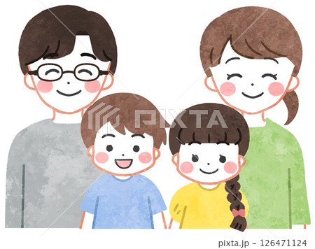 笑顔で並ぶ若い家族・親子のイラスト 126471124