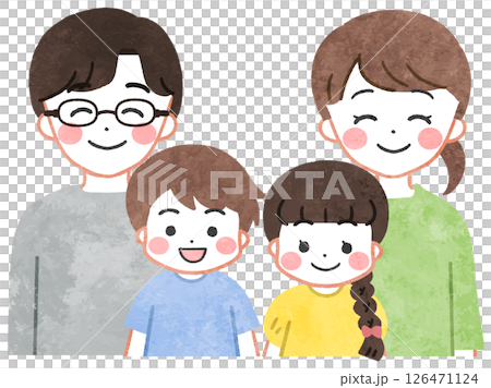 圖:一個年輕的家庭,父母和孩子並肩站著微笑 圖:一個年輕的家庭,父母和孩子並肩站著微笑 126471124