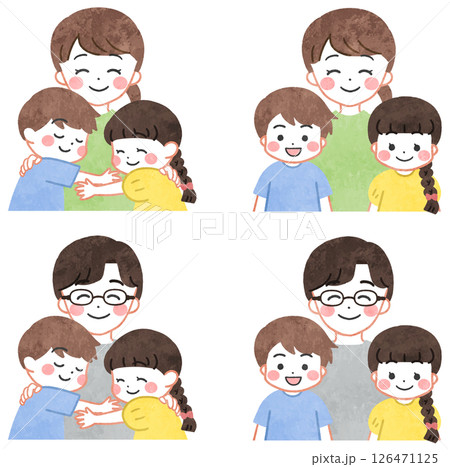 笑顔で並ぶ若い家族・親子のイラストセット 126471125