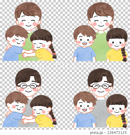 Illustration set of a young family/parents and children standing side by side smiling 126471125