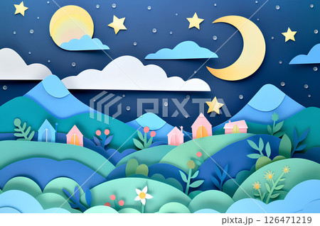 ペーパークラフトの可愛い夜の家々と月 ペーパークラフトの可愛い夜の家々と月 126471219