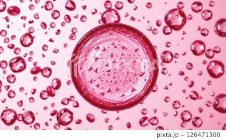Microplastic concept, Vibrant pink background with droplets surrounding a micro plastic. 126471300