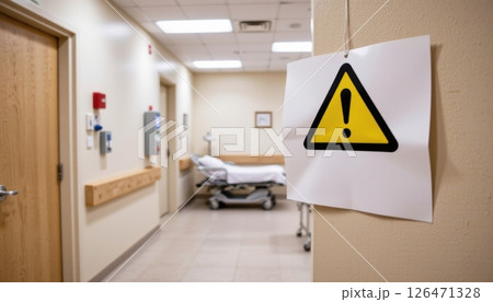 Hospital corridor with a caution sign and an empty bed visible. 126471328