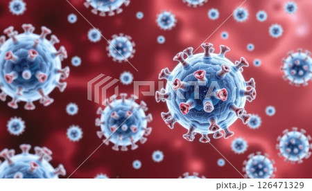 Microscopic view of viruses on a red background. 126471329