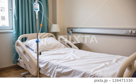 Empty hospital room with a bed and window, providing a serene atmosphere. 126471330