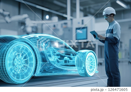 Auto engineer next to a holographic model of a car. Innovative technologies in the development of car design. The engineer's expertise shines through the holographic car display. 126471605