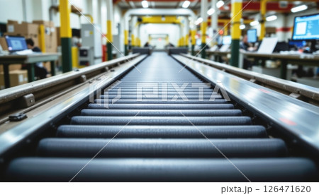 Conveyor belt in a modern industrial workspace with machinery. 126471620