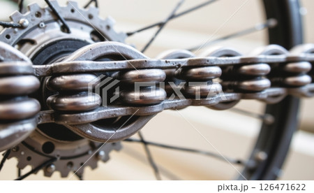 Close-up of a bicycle chain linked to the rear gear system. 126471622