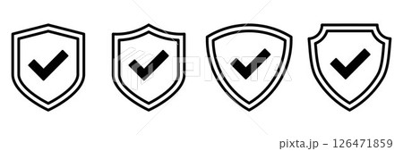 Checkmark Shield Icons. Black Line Security Badge with Tick Mark Set for Approval, Verified Access, Protection, Confirmation. Trust Emblem Design for Cyber, Quality, and Certified Concepts 126471859