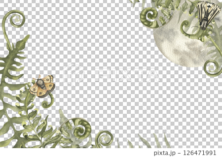 Mystic banner template with full moon, night moth in beige and green forest fern watercolor illustration.Hand drawn magic clipart for halloween,esoteric party, card,poster design 126471991