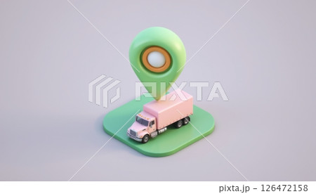 3D truck model with a location pin on a green platform. 126472158