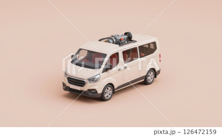 Model van with rooftop features on a neutral background. 126472159