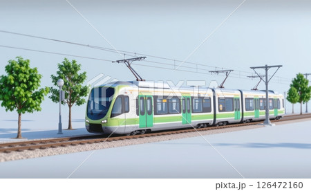 Modern tram on tracks surrounded by trees and clear sky. 126472160
