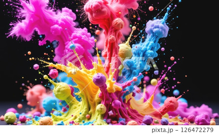 Vibrant explosion of colorful paint splashes against a dark background. 126472279