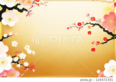 金色の背景 初春に咲く和風の紅白梅の花 126472391