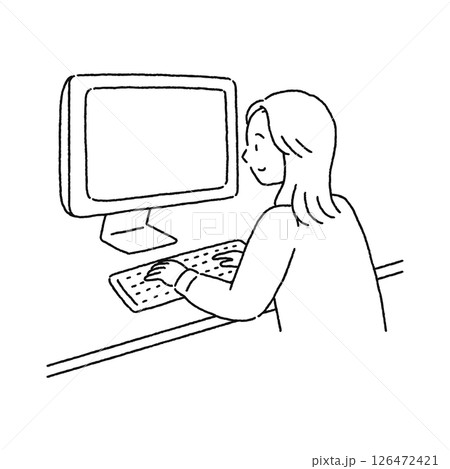 パソコンを操作する女性 線画 パソコンを操作する女性 線画 126472421