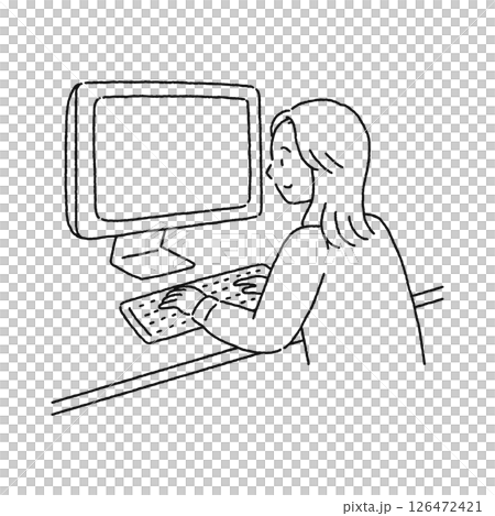 パソコンを操作する女性 線画 パソコンを操作する女性 線画 126472421