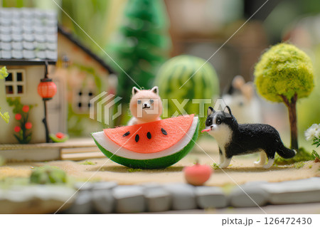 フェルトでできた可愛いワンコと美味しそうなスイカ（3D） 126472430