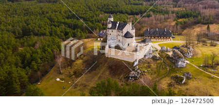 Morning aerial view on the medieval royal castle Bobolice. Morning aerial view on the medieval royal castle Bobolice. 126472500