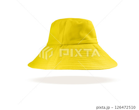 A long yellow bucket hat floating on a white background. A long yellow bucket hat floating on a white background. 126472510