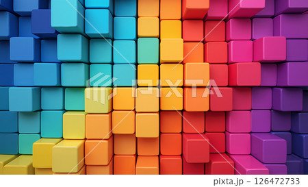 Colorful Arrangement of 3D Cubes in a Vibrant Gradient Pattern on a Digital Surface 126472733