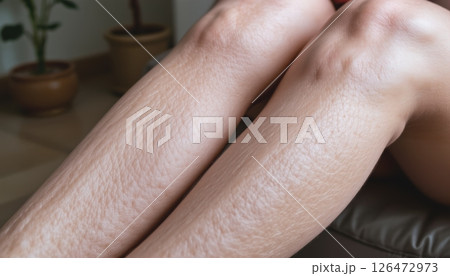 Dry skin on legs with natural light and indoor plants in background. 126472973