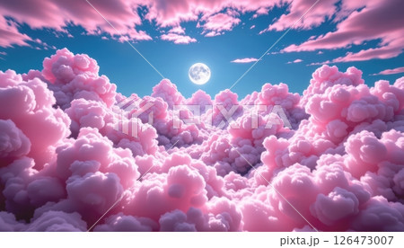 Vibrant pink clouds under a serene moonlit sky. 126473007