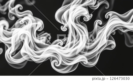 Flowing white smoke on a dark background creating abstract shapes. 126473030