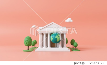 3D model of a building with a globe and trees on a pastel background 126473122