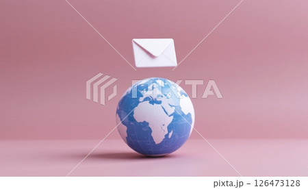 Email above a globe on a pink background symbolizing communication. 126473128