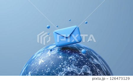 Blue envelope on a globe representing global communication. 126473129