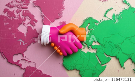 Handshake graphic on a world map background. 126473131