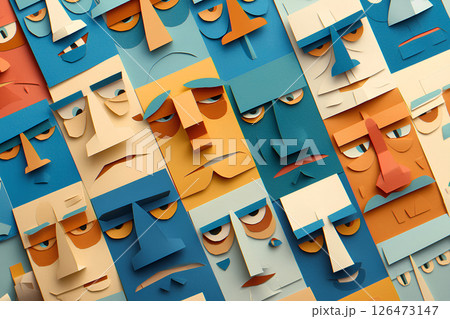 たくさんの顔たち（ペーパークラフトイラスト）-1 126473147