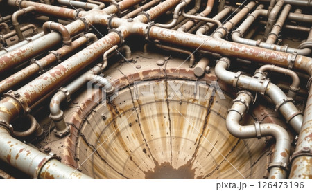 Industrial pipes arranged around a deep circular opening. 126473196